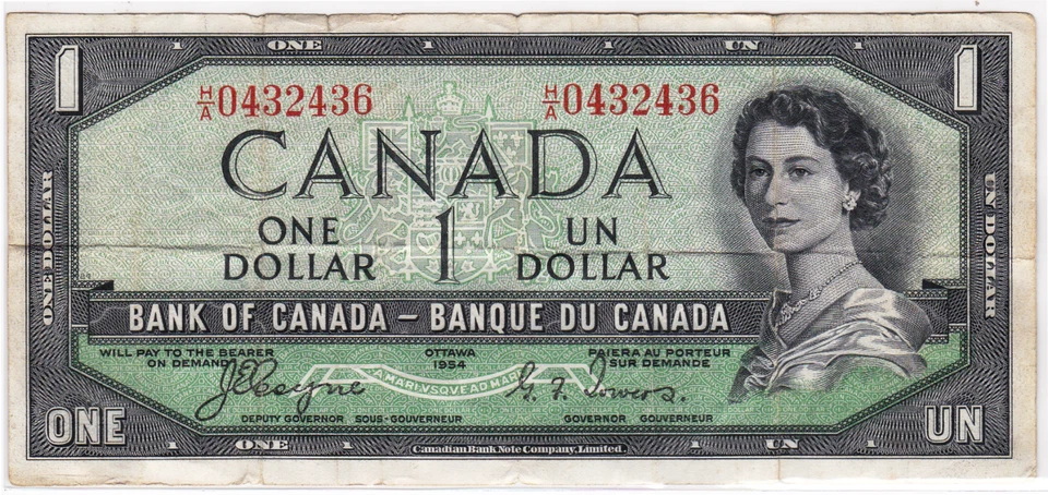 Mazuma *F1645 Canada 1954 QEII Queen Elizabeth II $1 H/A 0432436 VF - Image 1 of 2