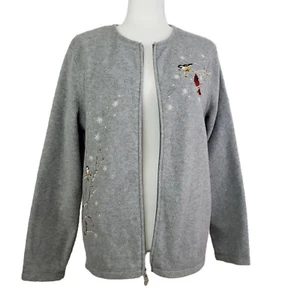 Croft & Barrow Heather Gray Zip Up Cardigan Birds Snowflakes Embroidered Large - Picture 1 of 12