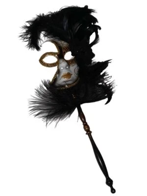 Маска маскарадная Mardi Gras Black Gold Fancy Feather Flower Stick - Изображение 1 из 4