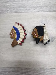 2 - Vintage HAND CARVED WOOD NATIVE AMERICAN INDIAN WAR CHIEF HEADS Bob Sinclair - Picture 1 of 9