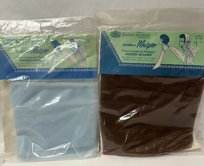 Лот из 2 новых из старых запасов винтажных шифоновых шарфов с капюшоном Andre Fantasies WHISPER синие и коричневые - Изображение 1 из 4