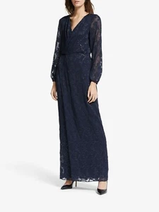 Vestido de noche Lauren Ralph Lauren UK10 ""Annaliese"" manga larga, azul marino/plateado - Imagen 1 de 11