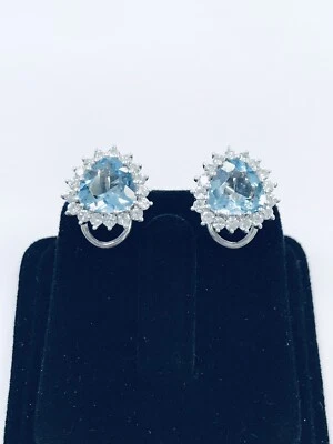 Custom 3.33 Cts Aquamarine & 4.40 Cts Dia Earrings in 14kt W. G. Appr. $ 10,182k - Image 1 of 4