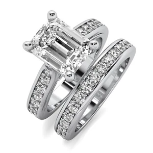 6.14 Ct G VVS2 Emerald Cut Lab Grown Diamond Engagement Ring Matching Band Set - Picture 1 of 5