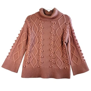 Kate Spade NY S Pink Cable Knit Bobble Turtleneck Wool Blend Chunky Sweater - Picture 1 of 7