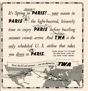1950 TWA: Primavera a Parigi la tua stagione a Parigi pubblicità stampa d'epoca - Foto 1 di 1