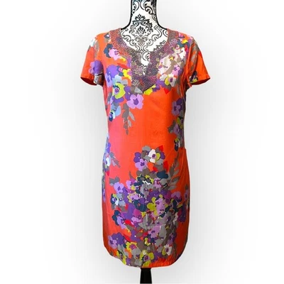 Vestido BODEN Embellecido Cuentas Cuello Muescas Seda Manga Corta/Gorra Floral Talla 8 Foto 1 de 4