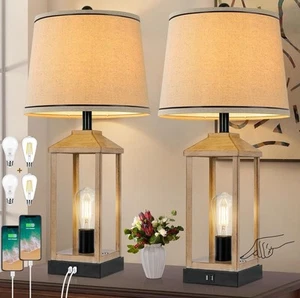 28" Farmhouse Table Lamps Set of 2 with USB Ports, 3-Way Dimmable Touch Control - Picture 1 of 7