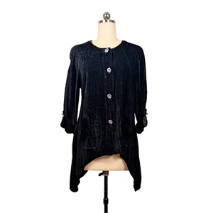 Velvet Button Top M Black Velour Blouse Whmsigoth Laggenlook 3/4 Sleeve Flowy - Picture 1 of 11