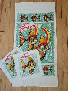 Vintage Retro Mod 60s Beach Towel Tropical Fish Miami Florida 3 Piece Set - Picture 1 of 7