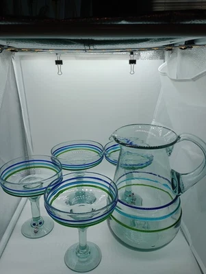 4 copos iridescentes verdes margarita mexicanos soprados à mão e jarro combinando - Imagem 1 de 4