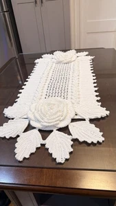 Handmade Crochet Table Runner with 3D Roses – White Cotton – Vintage Style Decor - Picture 1 of 5