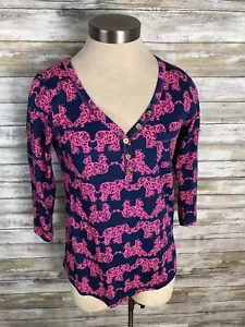 Lilly Pulitzer Top S Blue Pink Elephants 3/4 Sleeves Partial Button - Picture 1 of 8