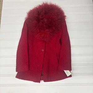 Running Wild Red 100% Wool Coat Mongolian Lamb Fur Collar Size 10 NWT - Picture 1 of 14