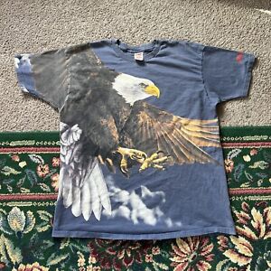 Vintage Snap On T-shirt XXL Mens Blue Bald Eagle All Over Print Graphic Tee Y2k