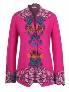 Ivko Cardigan Longer Sweater Size 36/S Superfine Merino Wool Floral Pink Fuchsia - Picture 1 of 17