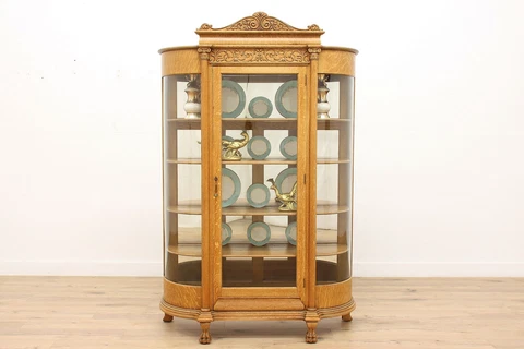 Victorian Antique Curved Glass Oak China Curio Display Cabinet, Paw Feet #44970 Cover