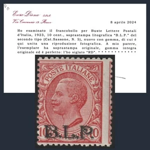 1923 Italia Regno B.L.P. c. 10 rosa n. 5 Certificato Diena Nuovo Integro MNH BLP - Foto 1 di 4