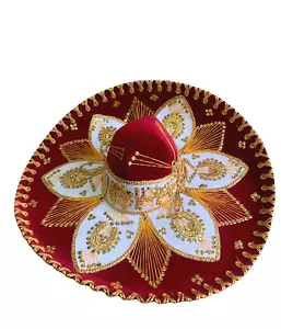 MEXICAN MARIACHI HAT , CHARRO , SOMBRERO , COSTUME , 22" ONE SIZE , RED / GOLD - Picture 1 of 3