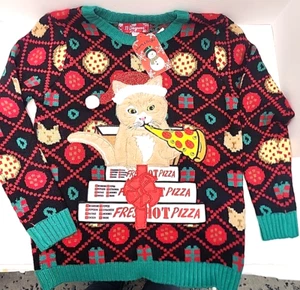 New Ugly Christmas Sweater Cat Eating Pizza 33 Degrees Medium 10 - 12 Girls Tags - Picture 1 of 20
