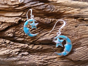 Crescent Moon Star Sterling Silver 925 Turquoise Gemstone Opal Earrings NEW T31 - Picture 1 of 7