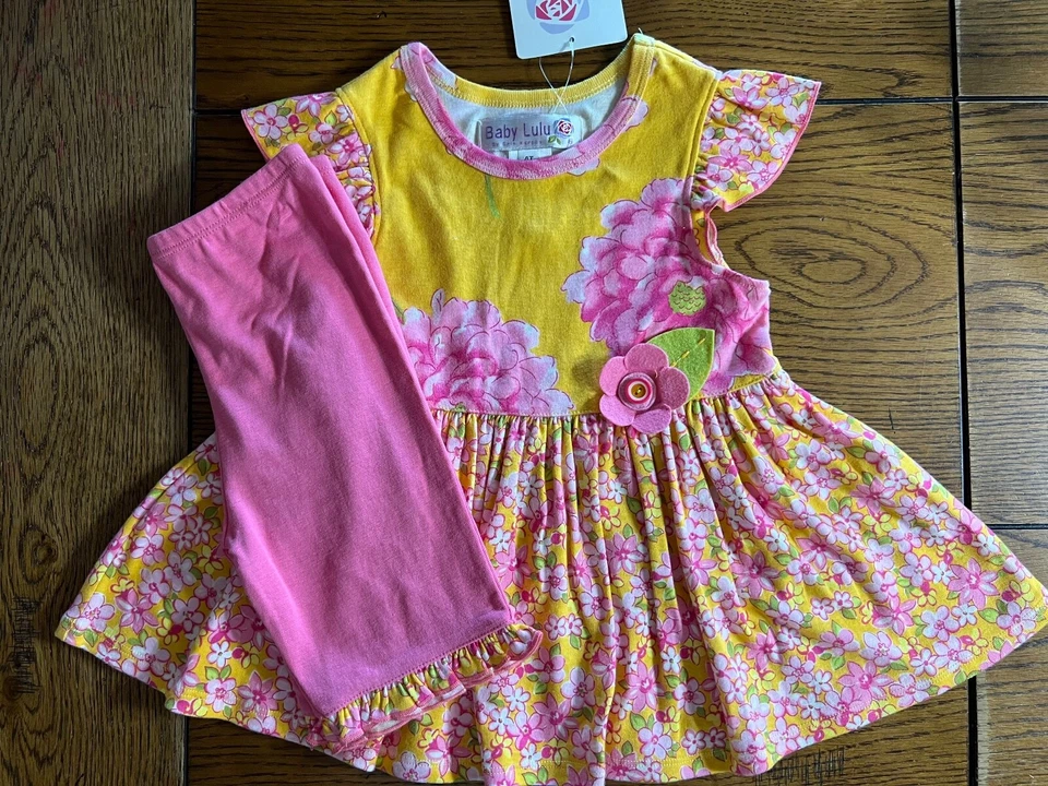 NUEVO CON ETIQUETAS Bebé Lulu Lucinda Conjunto Floral Túnica y Pantalones Cortos Niñas Rosa y Amarillo Talla 4T Foto 1 de 4