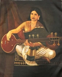Pintura de retrato de dama india tocando Veena sobre lienzo pintura al óleo 26x31 pulgadas - Imagen 1 de 4