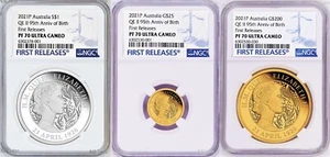 2021 Queen Elizabeth 95 cumpleaños plata + oro juego de 3 monedas $1/$25/$200 NGC PF70 F - Imagen 1 de 6