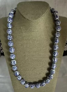 Vtg Chinese Export Blue White Porcelain Shou Knotted 13mm Bead 24” Necklace - Picture 1 of 9