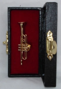 Trumpet brass gold plated handmade collectible miniature tie tag pin 1.9" w/case - Picture 1 of 1