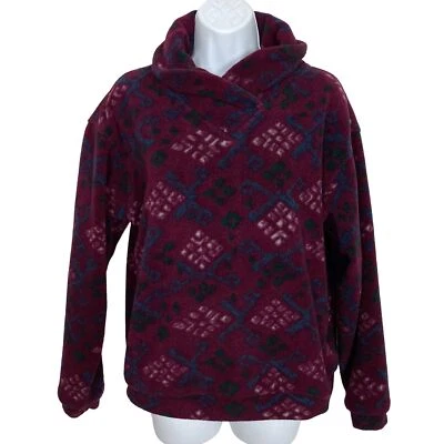Vintage EMS Fleece Shawl Collar Pullover Womens Small Burgundy Diamond Pattern - Image 1 of 4