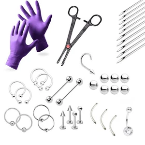 38-Piece Professional Piercing Kit - Lip, Nipple, Belly, Eyebrow, Tongue, Ear - Picture 1 of 1
