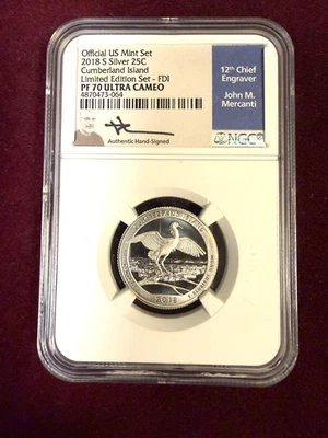 2018 S NGC PF70 UCAM - Silver Cumberland Island 25c US Mercanti Signed #DG23 - Image 1 of 2