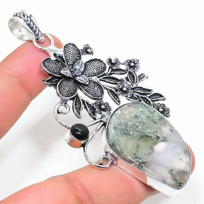 Ágata de musgo indio, piedra preciosa de ónix hecho a mano 925 colgante de pl... - Imagen 1 de 4