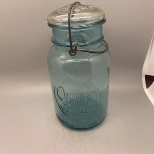 Quick Seal 1908 blue glass  # 2 embossed Bail Here glass lid canning jar - Picture 1 of 9