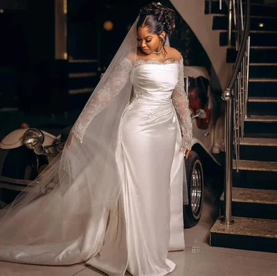 Fabulous Sheer Neck Mermaid Bridal Wedding Dresses Long Sleeve with Detachable - Image 1 of 4