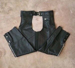 Women's Harley Davidson Black Leather Chaps  Sz L  Adjustable Buckle 28" Inseam - Picture 1 of 15