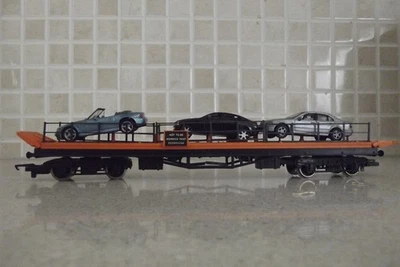 HORNBY R126 CARTANSPORTER AND 3 CARS IN ORANGE 00 GAUGE  GOOD CONDITION. - Image 1 of 3