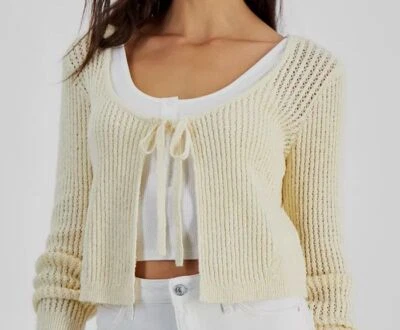 Cárdigan suéter para mujer GUESS beige habana tejido acanalado lazo delantero talla L Foto 1 de 3