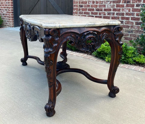 Antique French Console Game Table Marble Top Carved Walnut Foyer Sofa Cover
