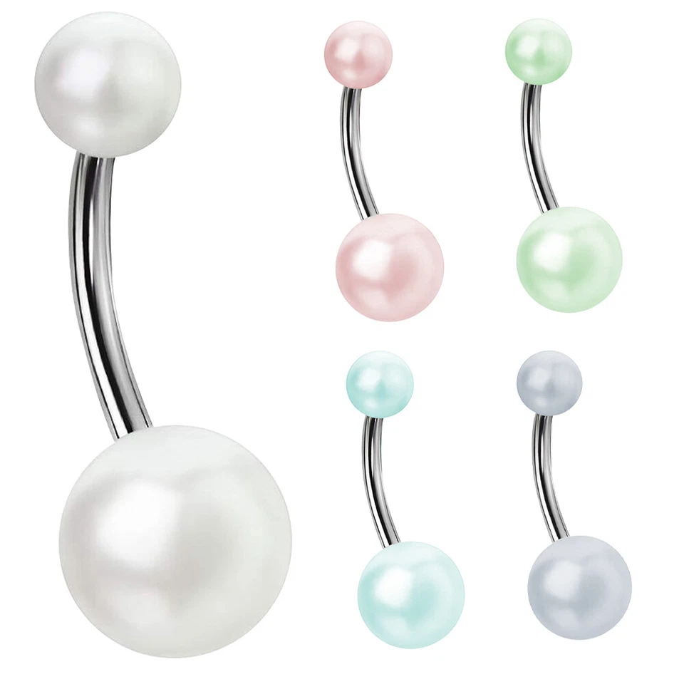 14G Faux Synthetic Pearl Belly Rings Surgical Steel Curved Barbell Acrylic Balls - Image 1 of 4