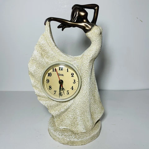 Dancing Lady in Dress Clock Table Mantle Figurine Sculpture Resin Beige Cover
