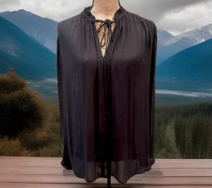 LOFT WOMENS BLACK SHEER LONG SLEEVE KEYHOLE & FRONT TIE BLOUSE SIZE L - Picture 1 of 7