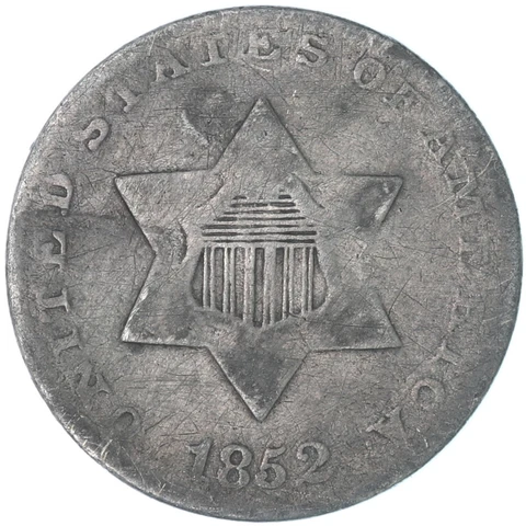 1852 (P) Three Cent Silver Coin Very Good VG Slightly Bent See Pics F104 Cover
