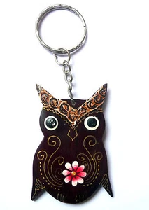 Schlüsselanhänger Eule Eule Motiv Frangipani Blume Goldmalerei Handarbeit Bali - Bild 1 von 2