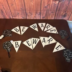 Wood Halloween Decor, Skulls, Halloween Garland, Beware 2 Set - Picture 1 of 5