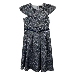 Cinnamon Dress Girls Size 12 Blue Floral Short Cap Sleeve Belted Lined A Line - Picture 1 of 24