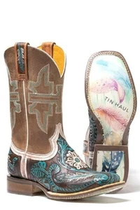 New! Tin Haul Women's LONE FLOWER w/ FEATHER SOLE COWBOY BOOTS Size 8 9 10 11 - Picture 1 of 3