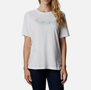 Columbia Sports Women’s SMALL T Shirt Bluebird Day Flower Relaxed WHITE Tee NWT - Picture 1 of 12