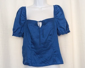 H&M Womens Large Blue Top Blouse Short Puff Sleeve Front Tie Linen Smocked Back - Picture 1 of 10